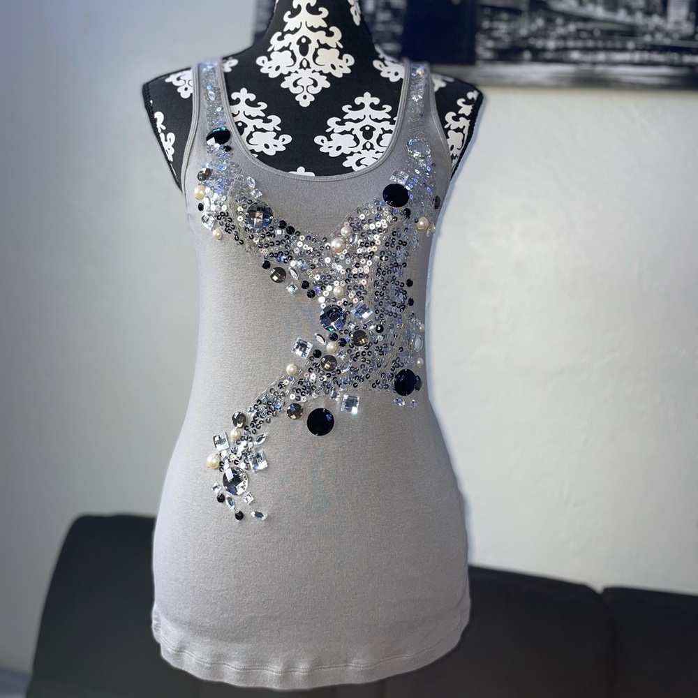 Gray Sequins, Rhinestone Tank Top - Size:L